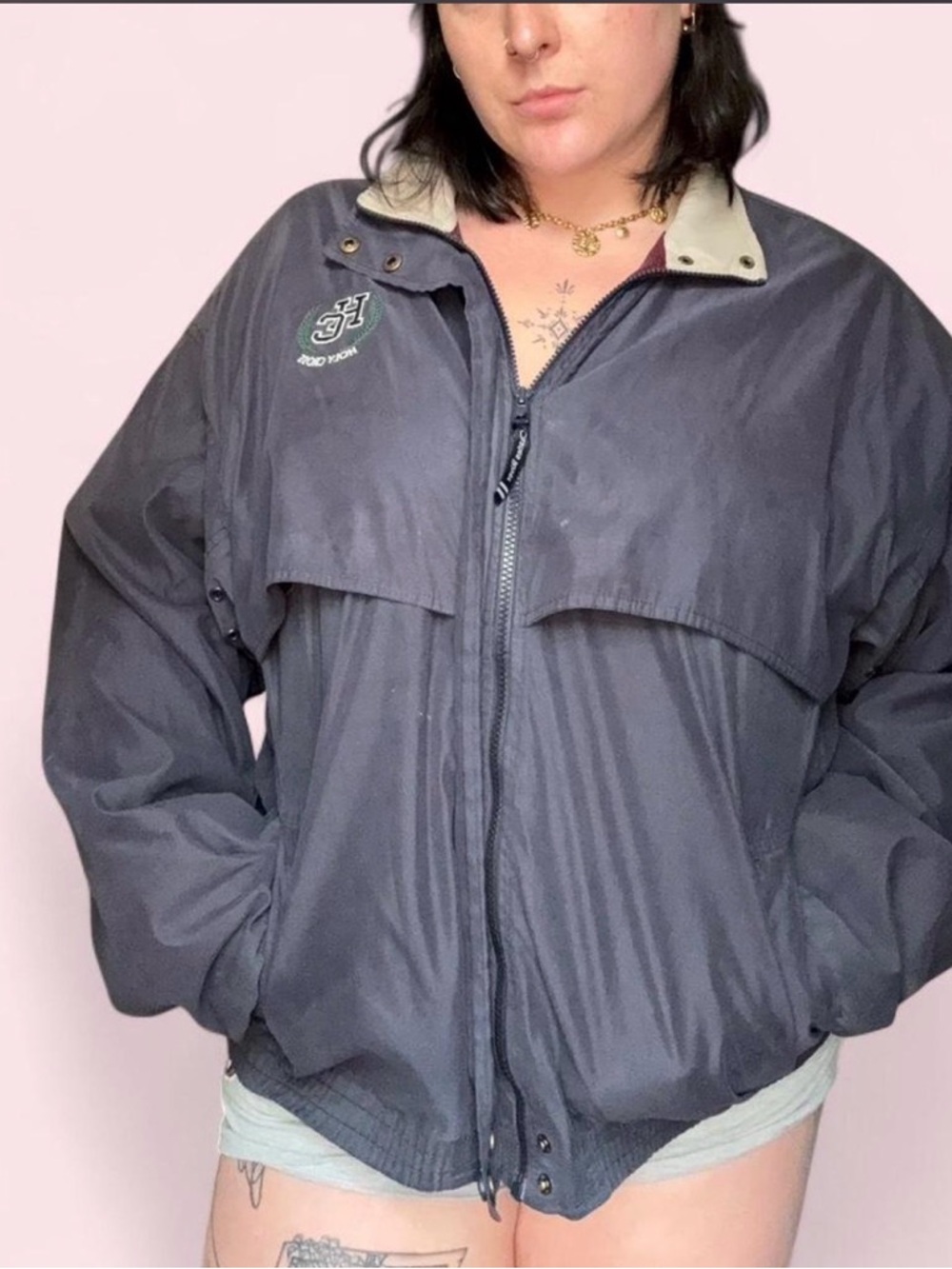 Vintage Charles River Apparel Men’s Navy Bomber Jacket with Cream Collar